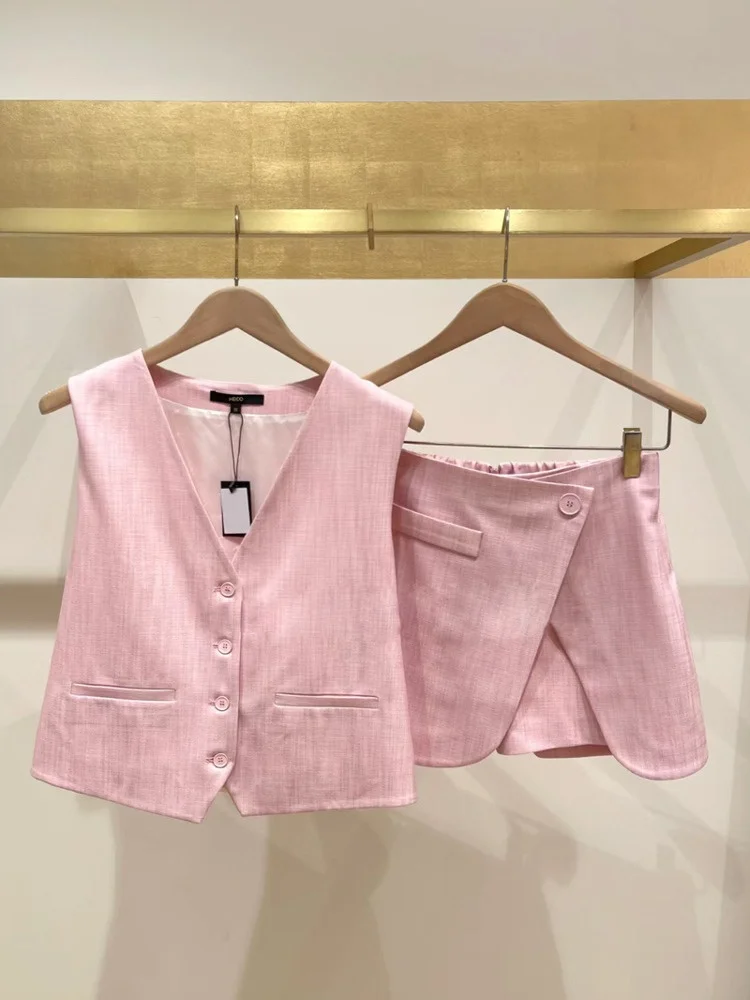 

Heidd Spring Summer 2025 Sakura Pink Slim Fit Suit Vest Skirt Set Women's Fashionable Two-Piece Ensemble Short Sleeve V-Neck