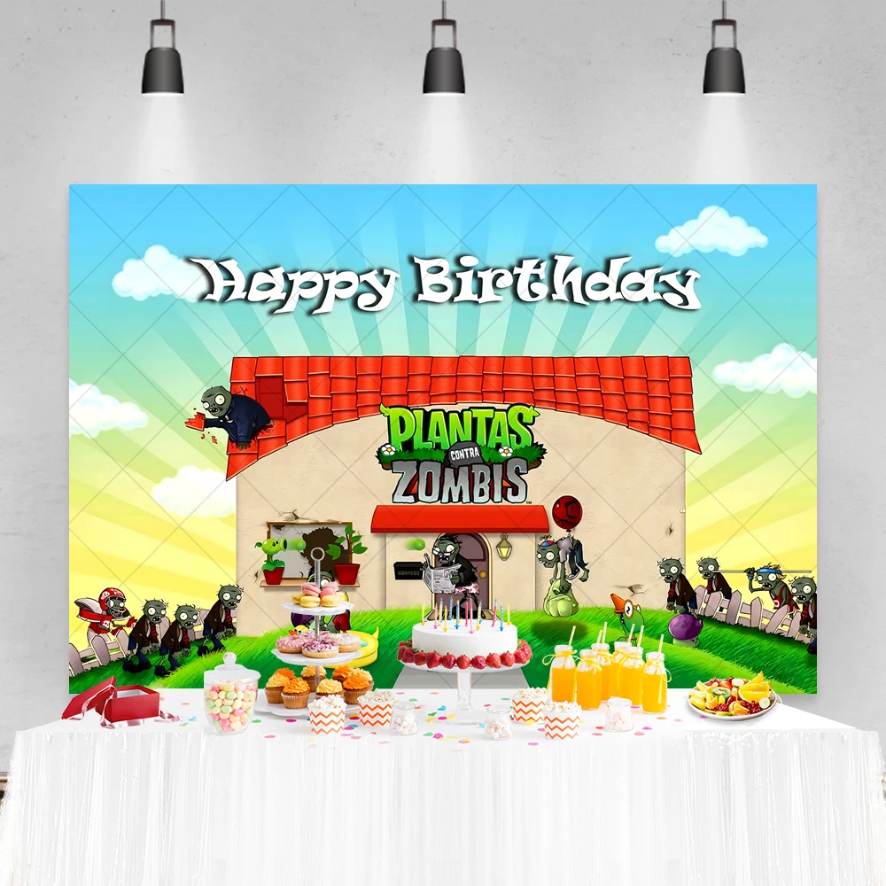 Plants And Zombie Happy Backdrop Birthday Party Decoration Custom Name Game Theme For Kids Boy Baby Shower Photography Props