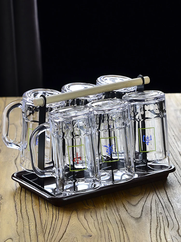 厚みのあるガラスカップ-ハンドル付き-ポーカールーム-茶室-個人専用-麻雀茶杯-耐熱-大型ビールカップ