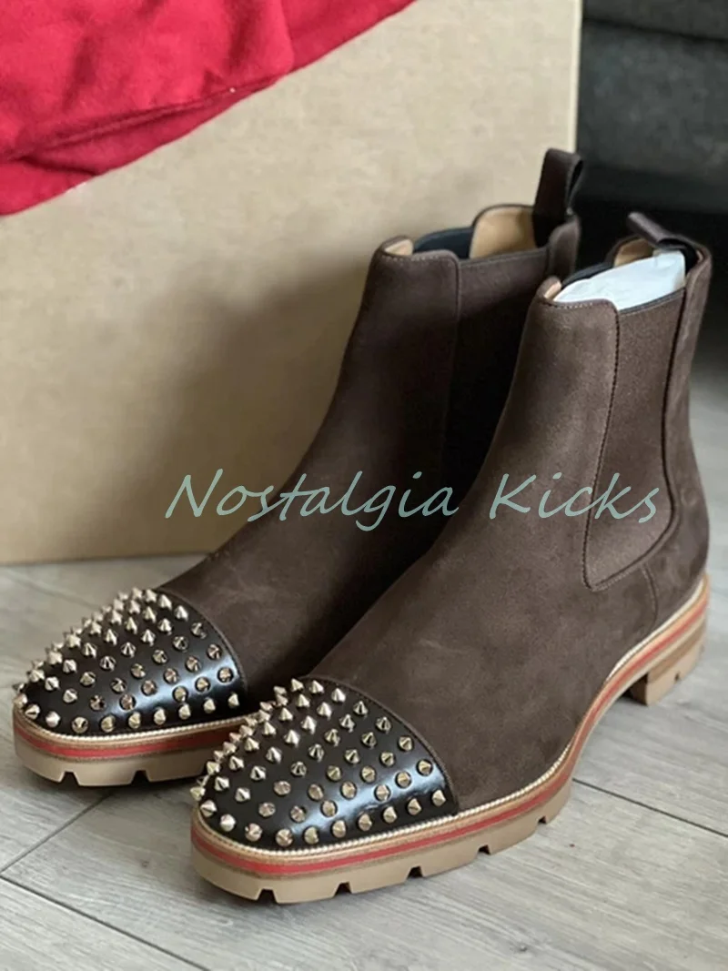 

Retro Brown Suede Chelsea Boots Rivet Toe Cowhide Leather Ankle Boots for Men Stripe Metal Studs Casual Winter Desert Boots