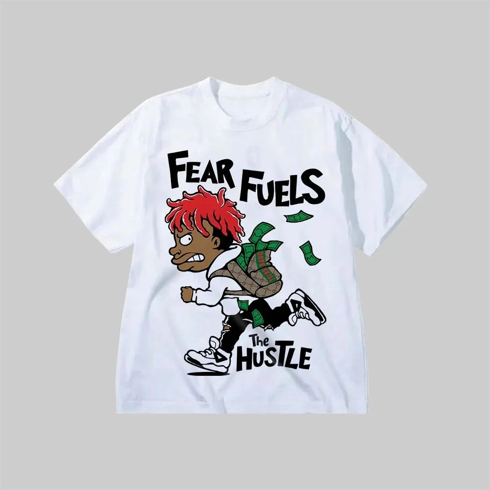 

Fear Fuels The Hustle Графический принт Летние элитные брендовые хлопковые мужские и женские футболки с короткими рукавами Тенденция уличной моды