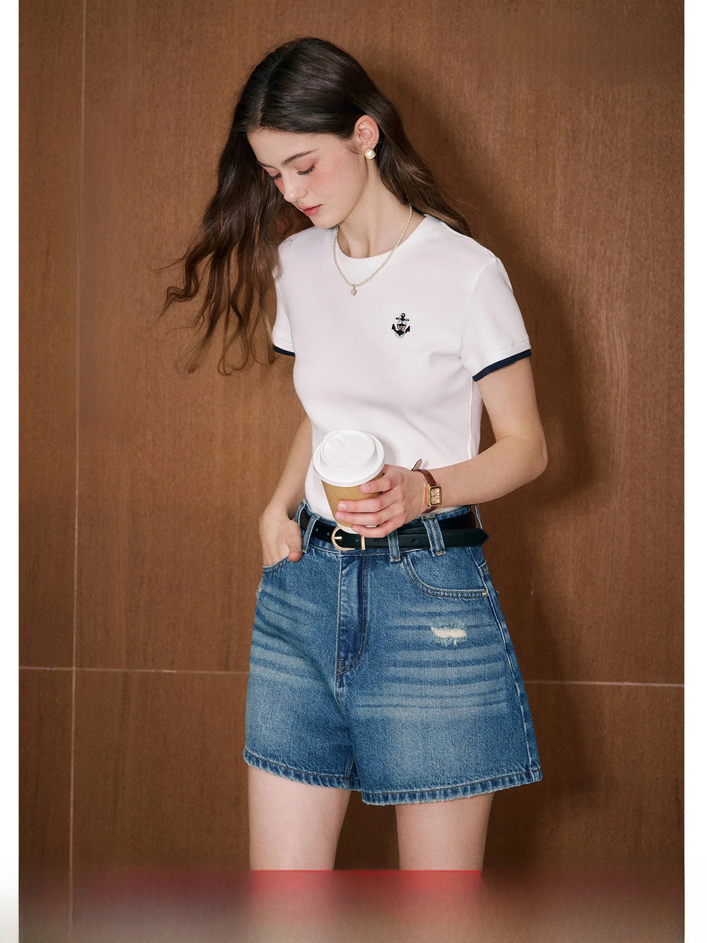 

KUHNMARVIN Summer New Women's Short Sleeve T-shirt Embroidered Bear Stitched Inner Wear Casual Slim Fit Knitted Fabric