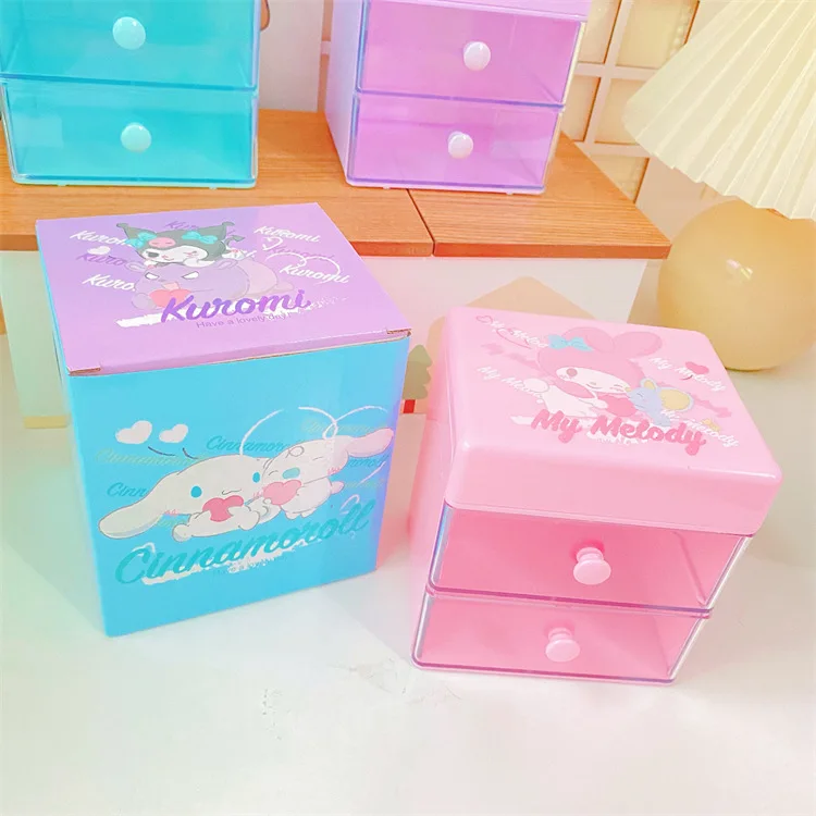 Kawaii Sanrio Kuromi My Melody Cinnamoroll Storage Box Drawer Desktop Double Layer Clamshell Jewelry Tidy Durable Sorting Box