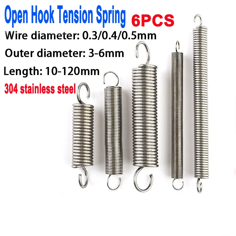 

6Pcs Wire Diameter 0.3mm 0.4mm 0.5mm Stainless Steel Open Hook Tension Spring Hook spring Extension Spring Draught Spring