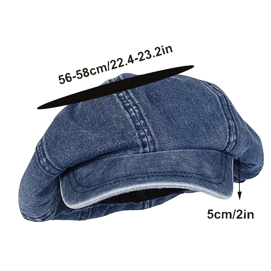 Big Head Circumference Octagonal Hat High Elasticity Elastic Retro Label Design Baret Washed Denim Trendy Versatile Artist Hat