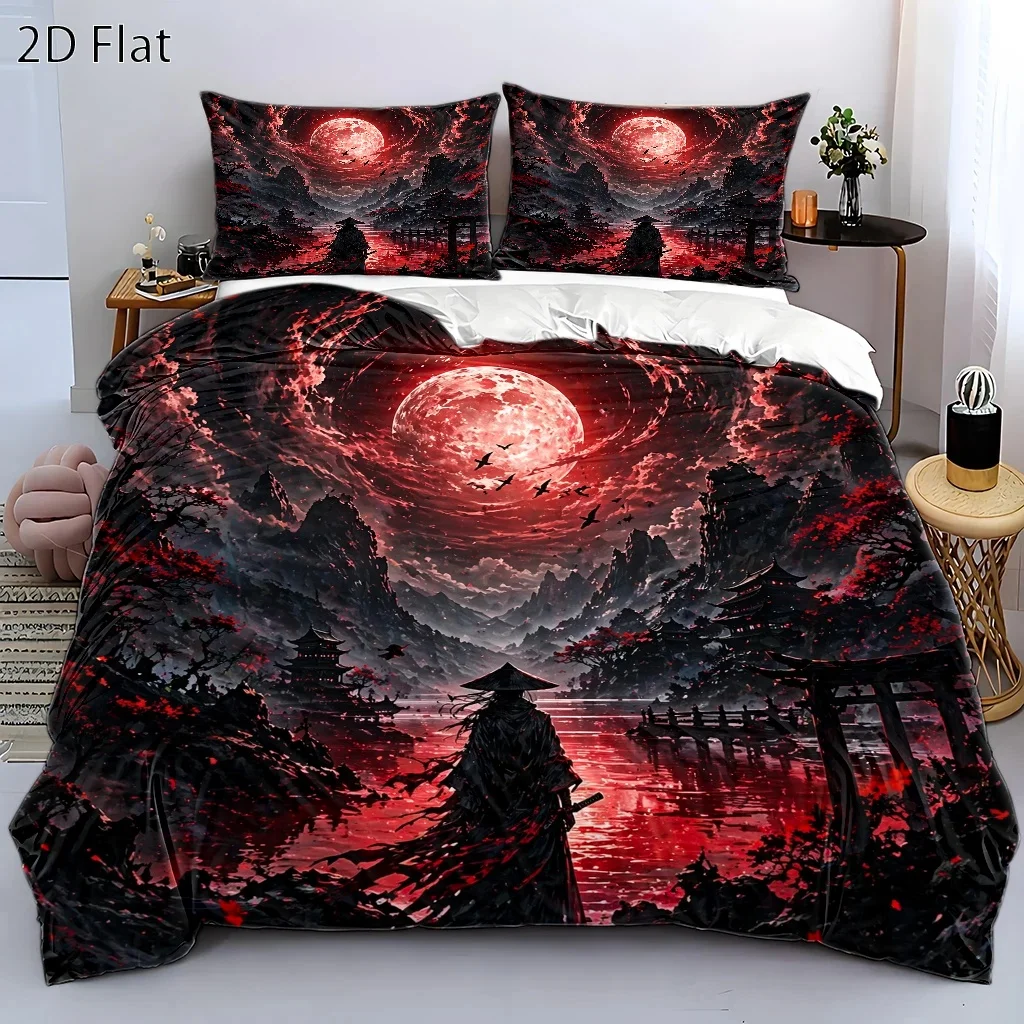 3Pc Dark Warrior Red Moon Ancient Style Quilt Cover Set, Three-Piece Bedding Set (1 Quilt Cover + 2 Pillowcases), Japanese Style Landscape Bedding, Suitable for All Seasons, Machine Washable, Invisible Zipper Double Bed Cover, Universal for Home, Dormitory, Master Bedroom, Guest Room, Large Size Quilt Cover Set