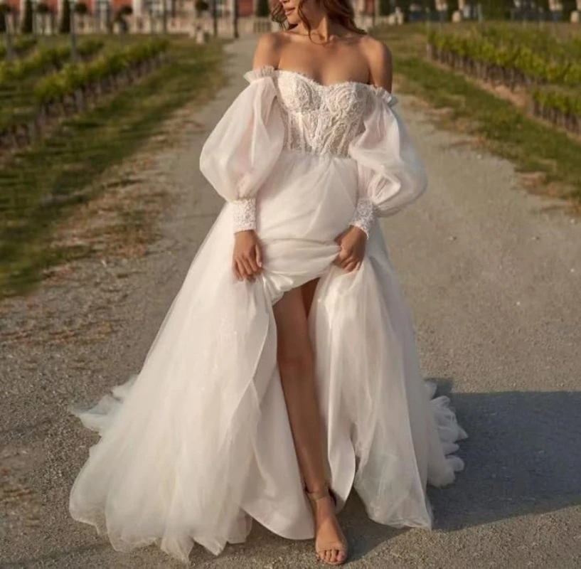 

Women's Princess Lace Puff Sleeve Wedding Dresses Off Shoulder A Line Beach Bridal Gown