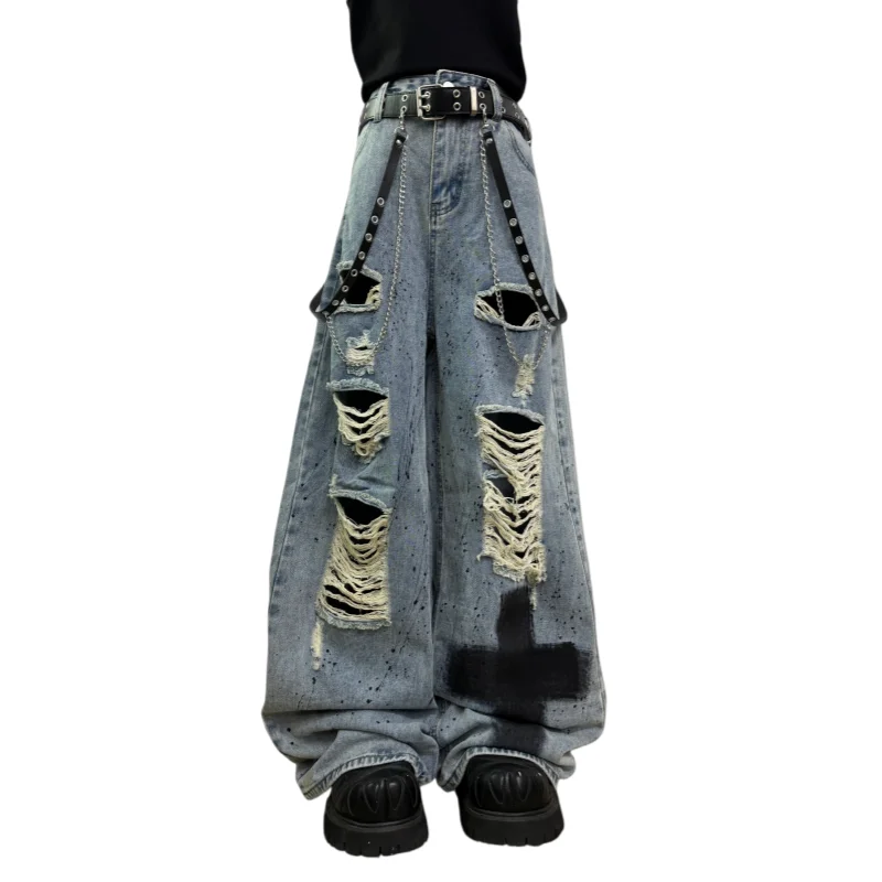 Unisex Jeans 2026 New American Gothic Punk Wasteland Style Ripped Fringe Jeans For Men Women Loose Wide Leg Pants Streetwear