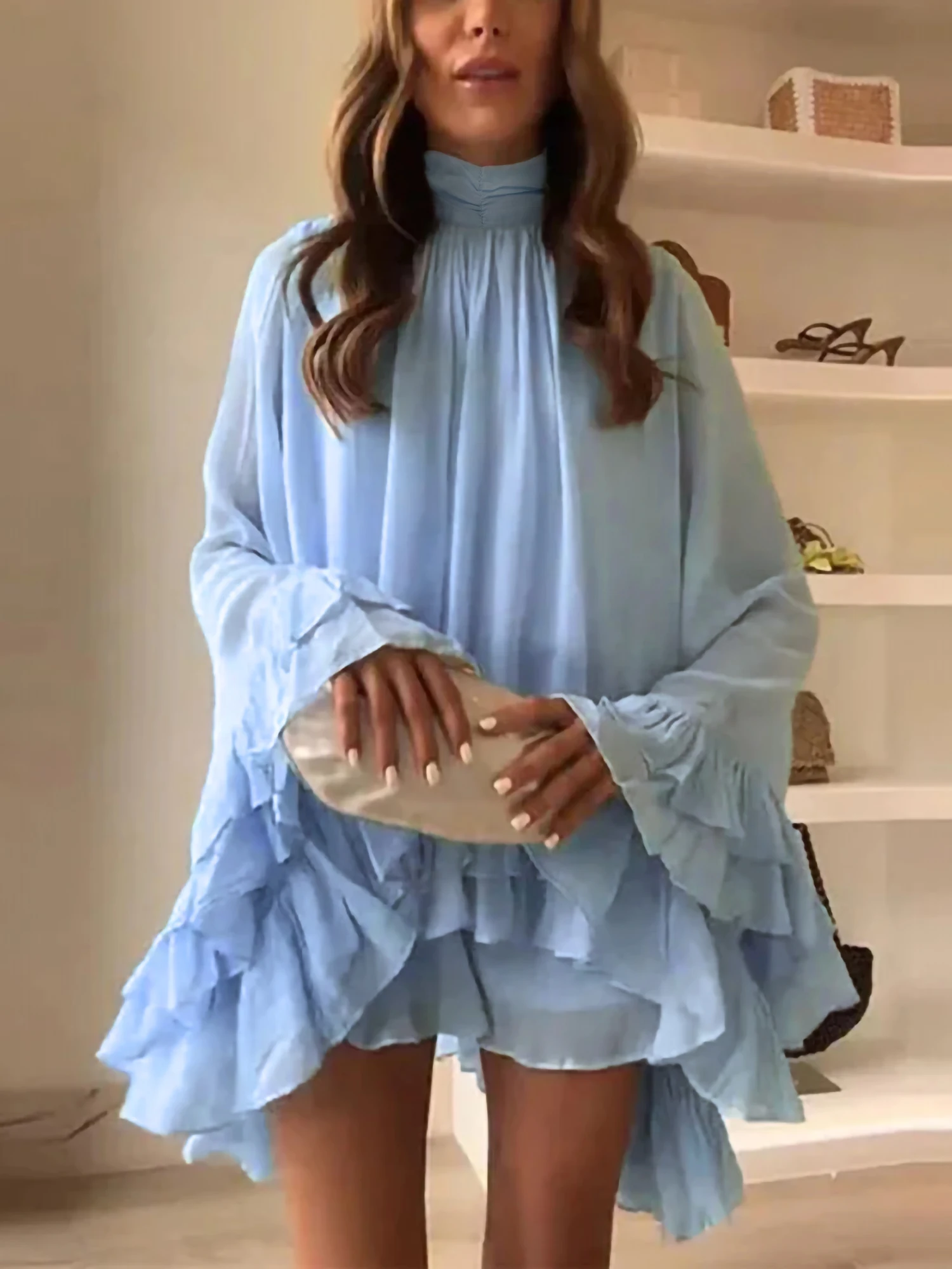 

Women's Light Blue Ruffle Mini Dress High Neck Flare Sleeve Chiffon Romantic Casual Elegant Outfit