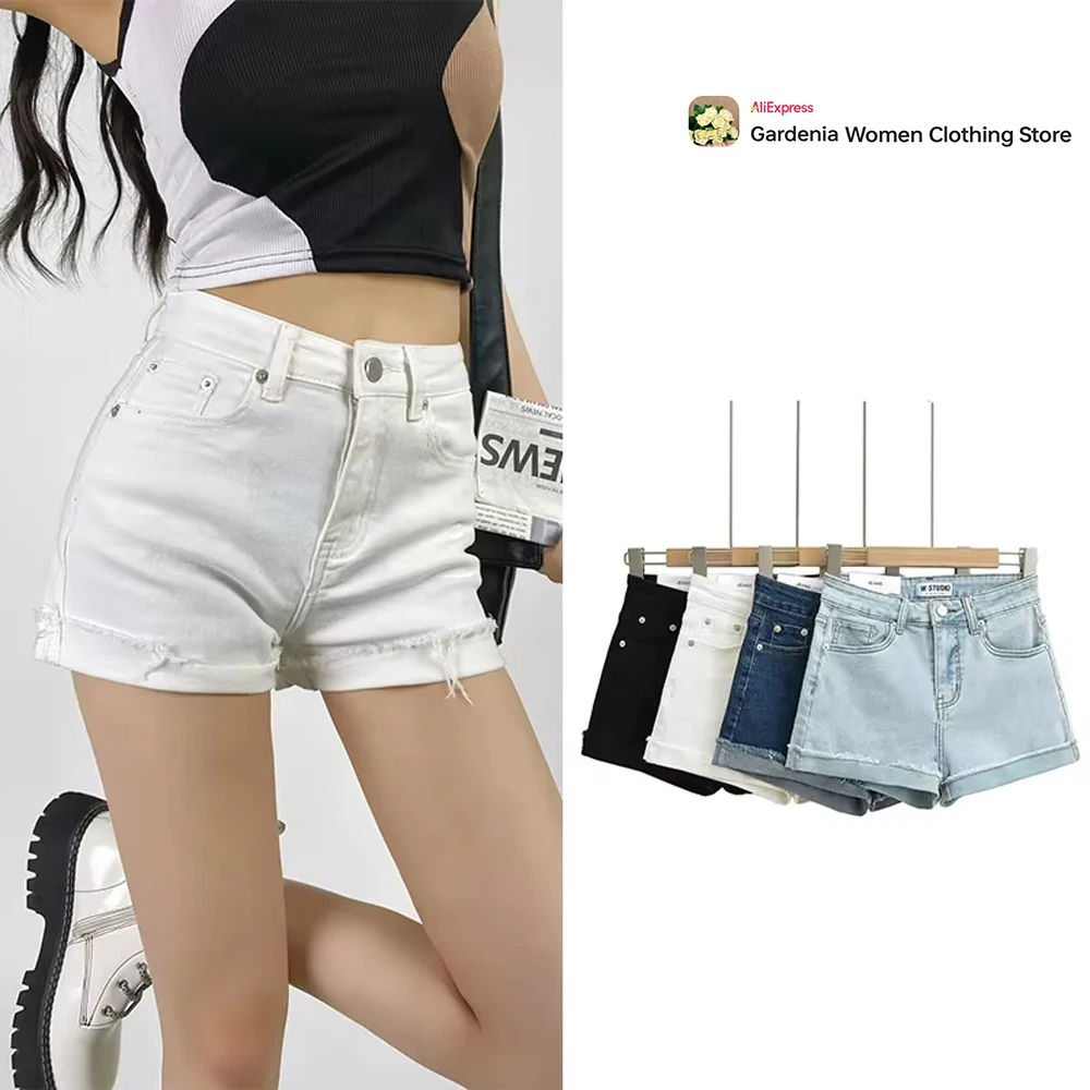 High Street Lady 4 Colors Basic Hot Pants Denim Shorts Women's Classic Five Pockets High Rise Summer Shorts Elastic Jean Shorts