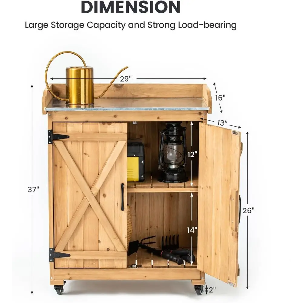 Outdoor Wooden Potting Bench with Wheel Double Do& Metal Tabletop, Outside Storage Cabinet & Houltural Planting Work Table or Ga