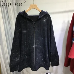 Luxury Full Diamonds Hot Drilling Loose Women Jacket 2024 New Autumn Winter Hooded Zip Cardigans Hoodie Top Casual Black Coatss