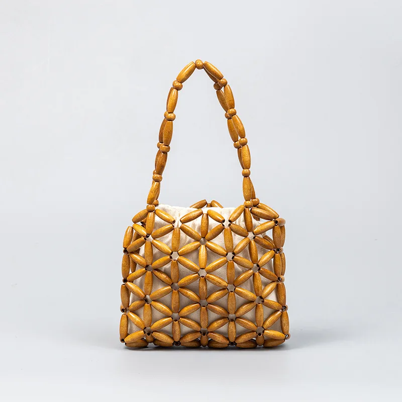 Pure hand-woven high class feeling exquisite wooden bead bag