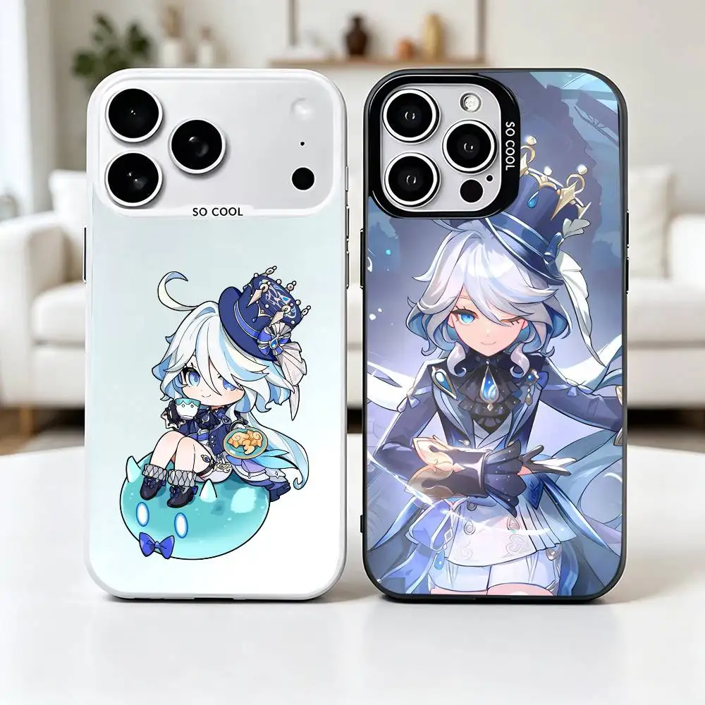 

G-Genshin Impact Lovely Furina Phone Case For iPhone 17,16,15,14,13,12,11 Plus,Pro Max,XS,Grey Silver Plated Inside Cover
