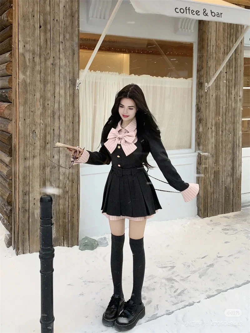 2024 Fall Winter Women Aesthetic Black Pink Bow Dresses Cutecore Preppy Style Mini Pleated Skirts Shoujo Kawaii Lolita Clothes