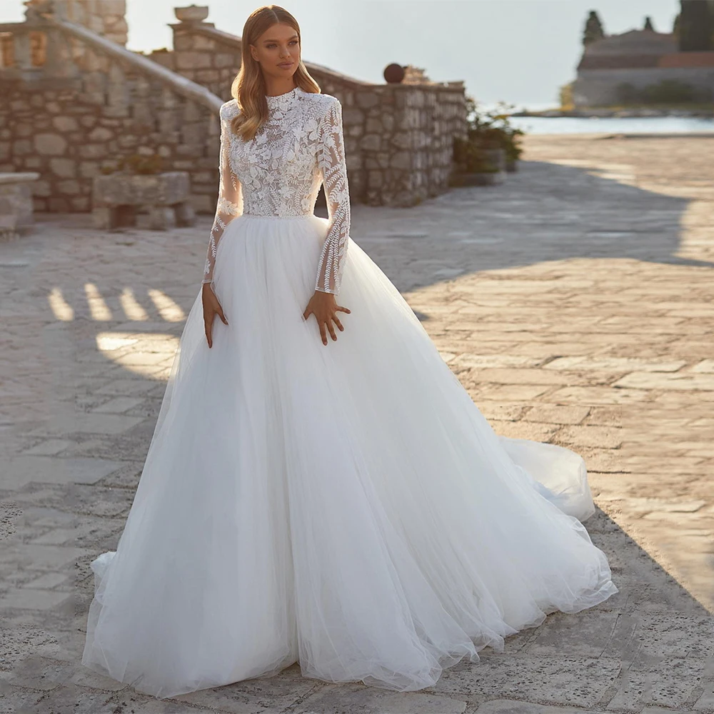 

Modern A Line High Neckline Wedding Dress 2023 for Brides Lace Appliques Long Sleeve Chapel Train Bridal Gown Robe De Mariee