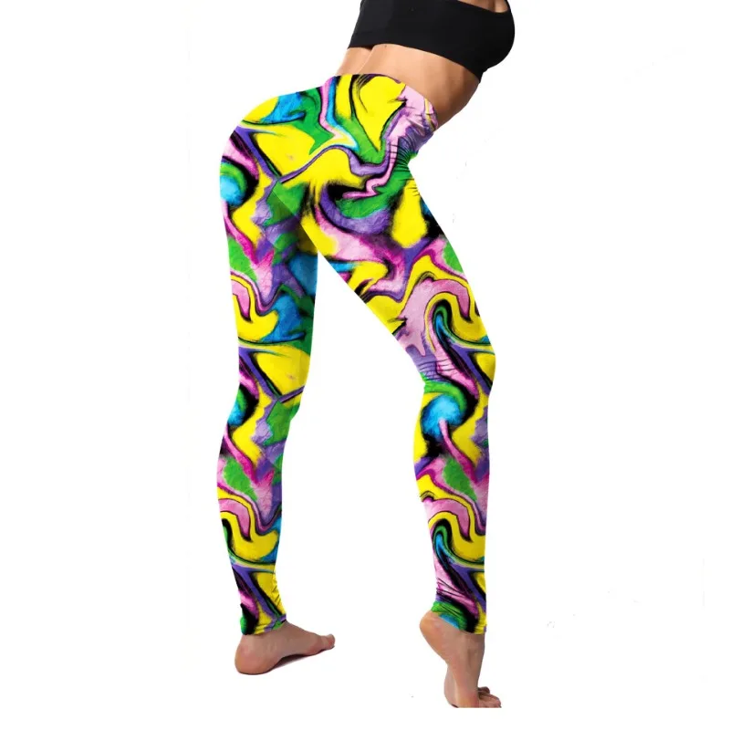 Women Stretchy Splashing Ink Abstract Line Digital Printing Leggings Elastic Tight Nine-point Pants Flower