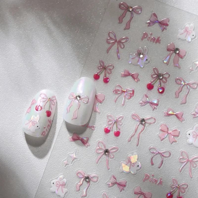 1Pcs 3D 5D Kawaii Ribbon Rabbit Nail Stickers Embossed Bow Self Adhesive Nail Art Stickers Exquisite Series Diamond Nail Decals