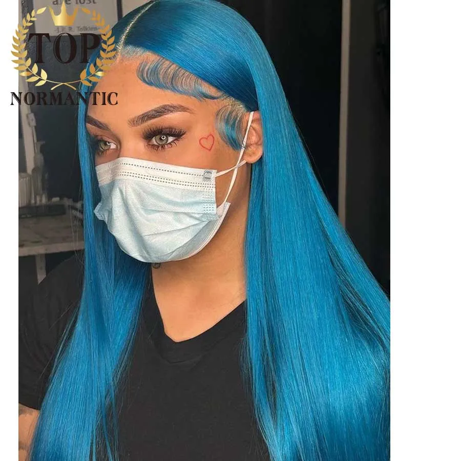 Topnormantic Bright Blue Color 4x4 Closure Wig with Baby Hair Silky Straight 13x4 Lace Front Wig with Middle Part Lace Front Wig