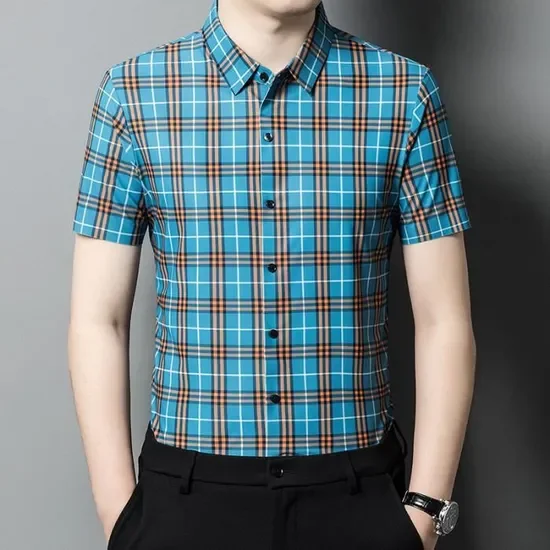 

Мужская рубашка в сетку с принтом D, мужская модная повседневная гавайская рубашка с коротким рукавом и пуговицами, пляжная блузка, мужская одежда, деловая эластичная одежда