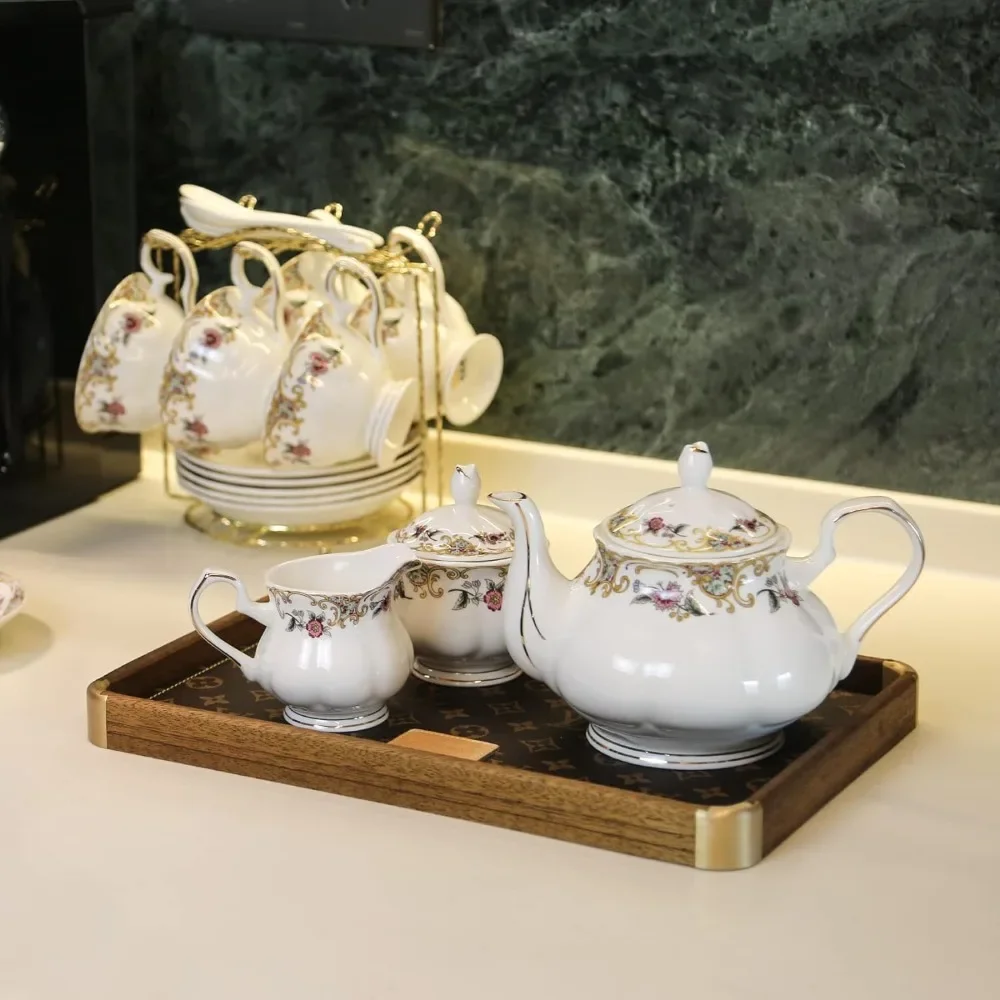 Bone china tea set teacups and saucers 21 piece set of English teacups 6 pieces porcelain tea set with pot sugar bowl