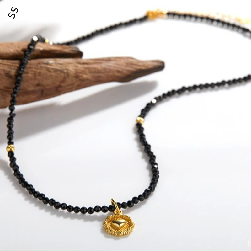 Original Design Vintage Natural Black Spinel Gems Necklace for Women S925 Sterling Silver Hand-beaded Clavicle Chain