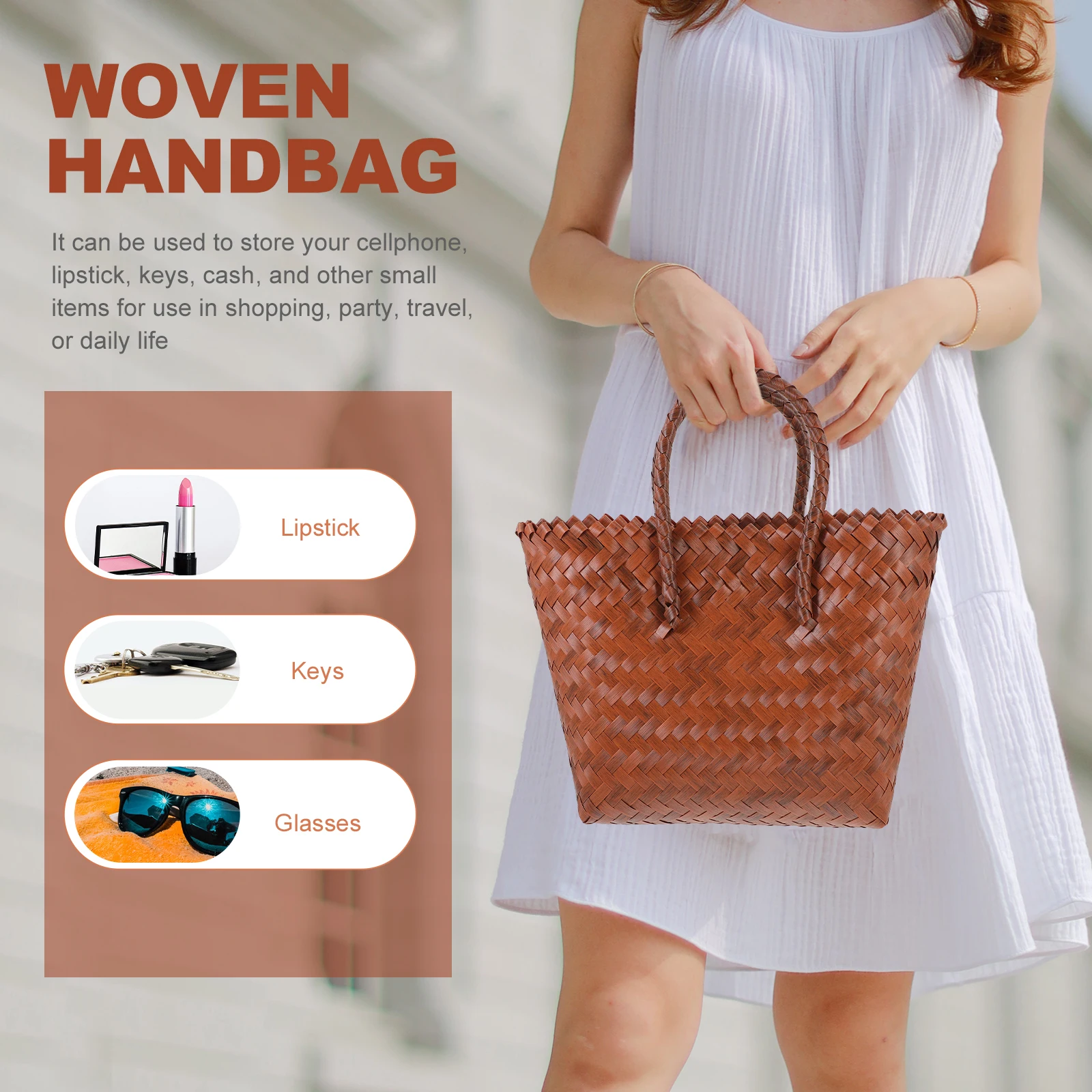 

Women Tote Bag Hand-Woven Wicker Handbag Rustic Picnic Basket Household Storage Basket with Handle Woven Beach Bag