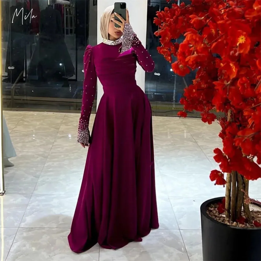 

Mila Rhinestones High Neck Prom Dresses Purple Long Sleeve Customized Formal Evening A-Line Floor-Length vestidos de gala 2025