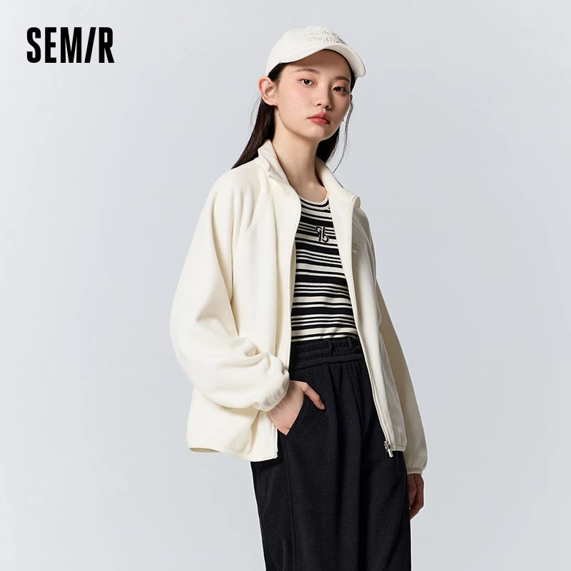 Semir Coat Women Winter Stand Collar Loose Versatile Casual Style Raglan Sleeve Polar Fleece Simple Jacket