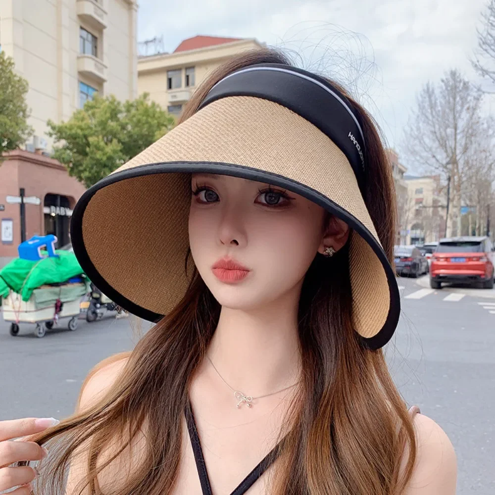 

Simple Foldable Woven Empty Top Cap Bow UV Protection Wide Brim Bucket Hat Straw Plaited Visor Hat Hollow Straw Hat Girls