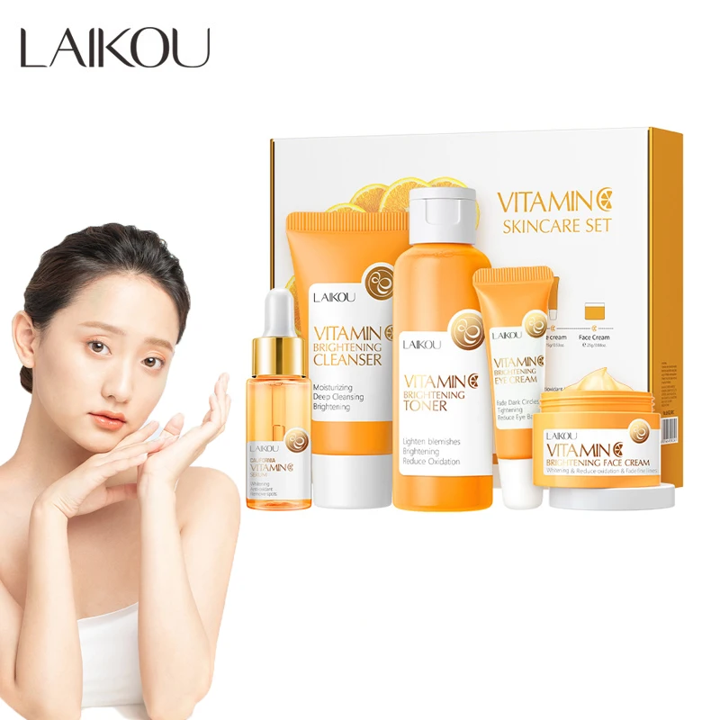 LAIKOU 5 pezzi vitamina C Set per la cura del viso rinfrescante detergente per il viso crema per gli occhi essenza schiarire VC Brightening Care