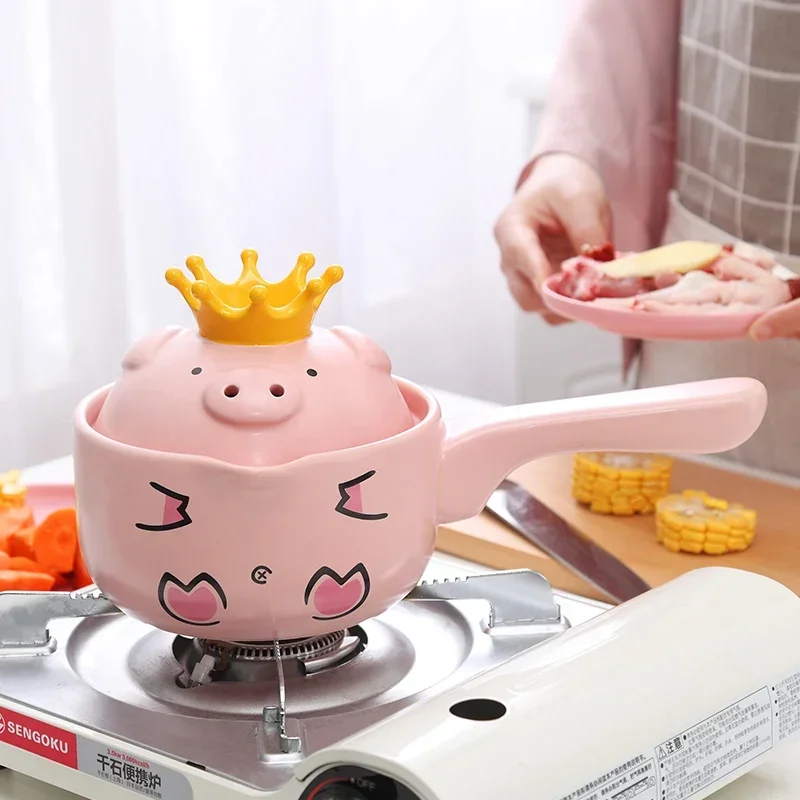 

Pink Pig High Temperature Resistance Casserole Handle Ceramic Cookware with Crown Pot Cover Kitchen Supplies Soup Pots