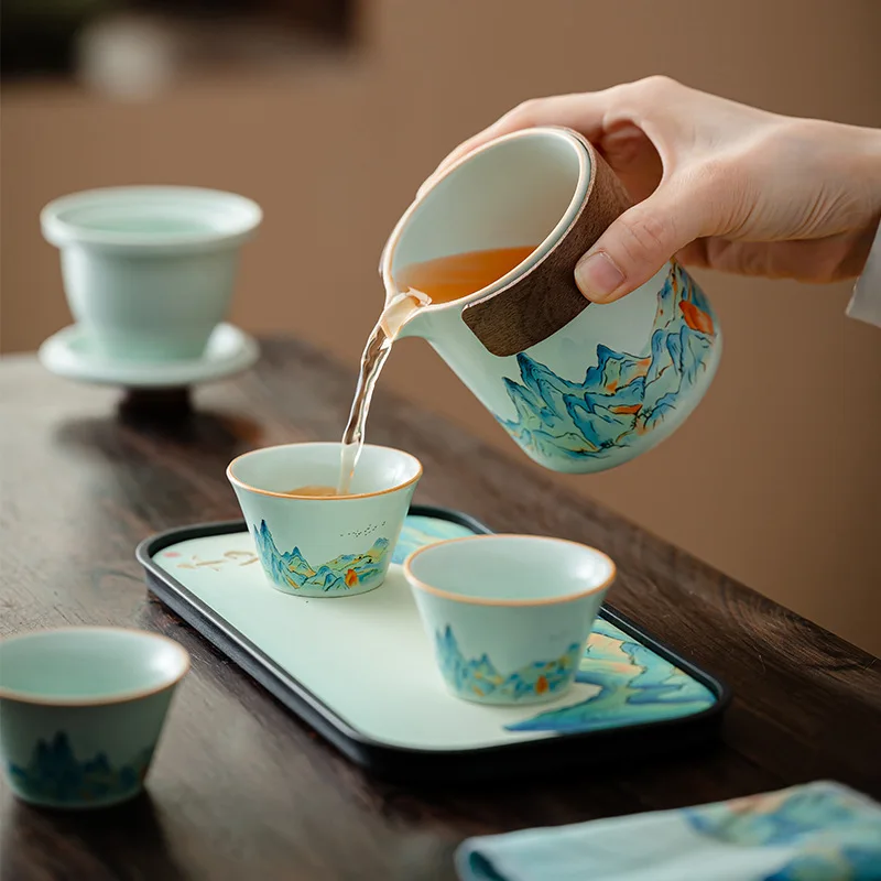 Ru Kiln Keramik-Reise-Teeservice Tragbares Chinesisches Gongfu-Tee-Set Schnelltasse mit Landschaftsmotiv für Büro Outdoor Geschäftsgeschenk