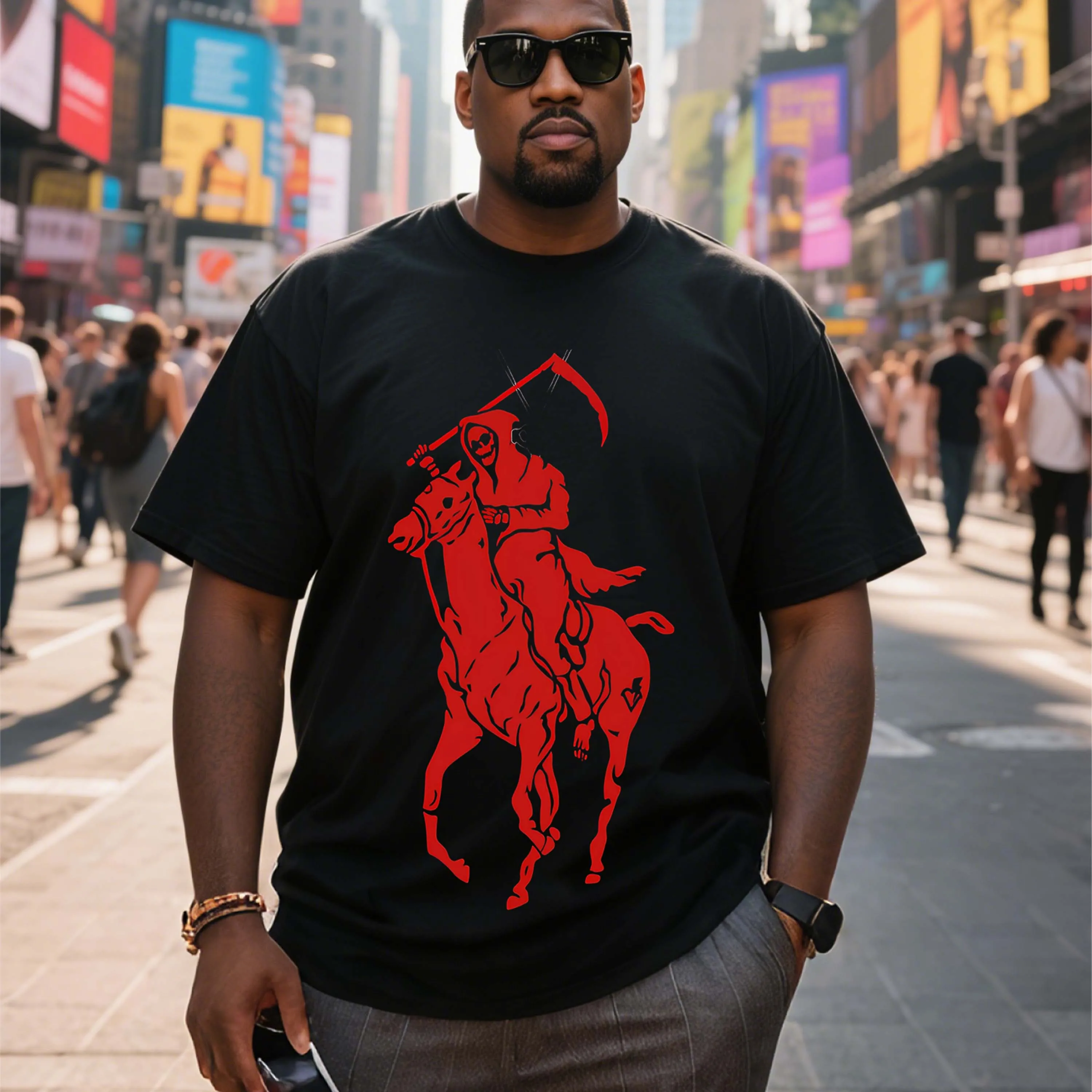 

Plus Size Black Cotton Short Sleeve T-Shirt with Grim Reaper Riding Horse Pattern Suitable for Outdoor Leisure Wear in Summer
