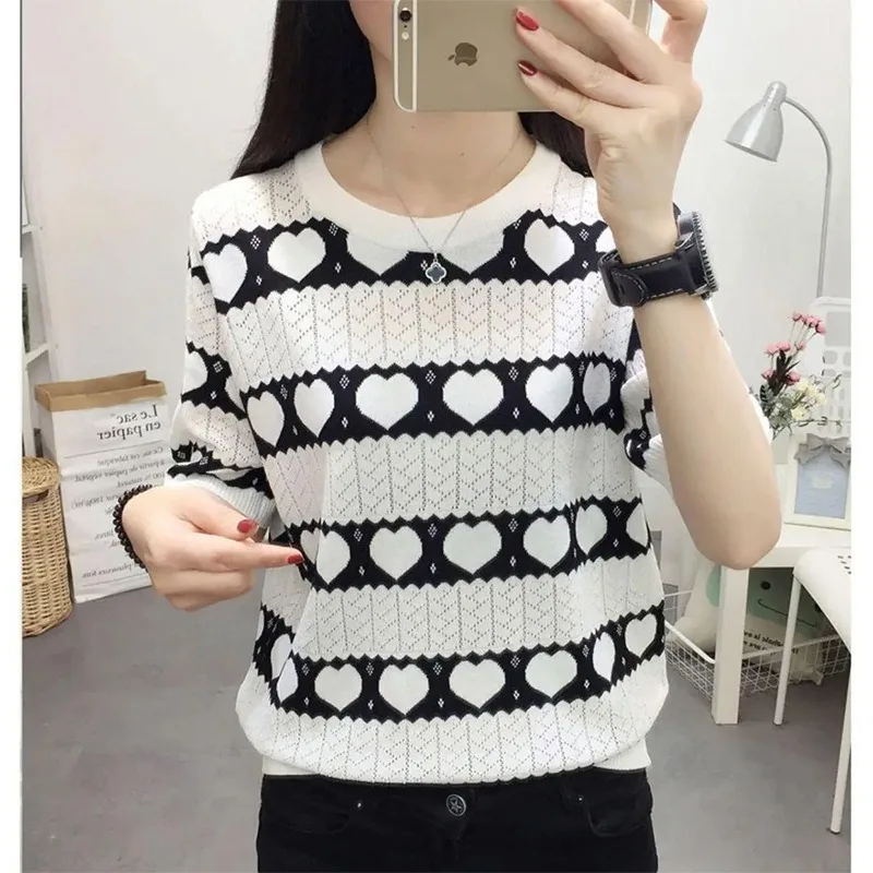 

Knitted Women O Neck Sweater Sweet Heart Printed Tops Autumn Hollow Out Female Casual Pullovers Blouse Casual Long Sleeve Tops