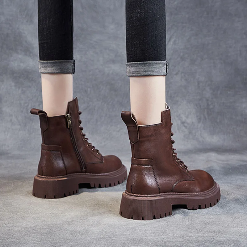DRKANOL 2026 Women Thick Heel Ankle Boots Quality Cow Genuine Leather Round Toe Autumn Winter Warm Platform Casual Short Boots - view 5