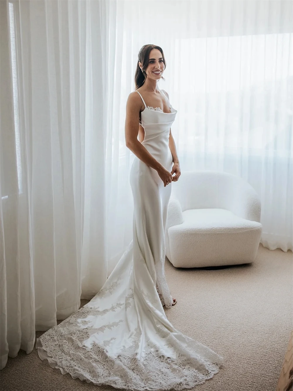 Customized Satin Wedding Dress with Delicate Lace Detail Bridal Dress for Bride Slim Fit Floor Length Bridal Gown for Wedding