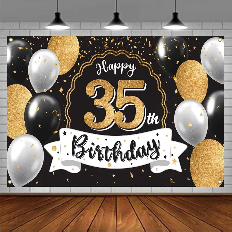 

Photography Backdrop Black & Gold Large Photo Banner - Cheers To 35 Years Old 35th Birthday Home Wall Photo Props Decoration