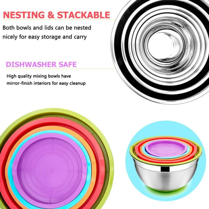 5Pcs Stainless Steel Mixing Bowls 18-26Cm Diameter Metal Nesting Bowls With Colorful Airtight Lids Non-Slip Bottoms