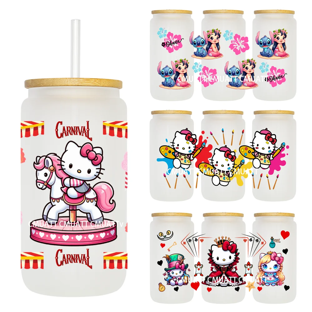 Cute Cartoon Cat With Carnival Party 16OZ UV DTF Cup Wrap Transfer Sticker Custom Label DIY Waterproof Logo For Libbey Glass Can