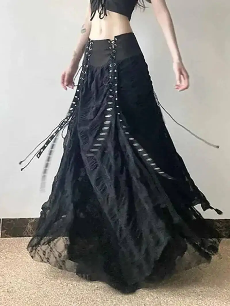 

Y2K Lace Mesh Long Skirt Women Harajuku Vintage Patchwork Bandage Black Skirts Gothic Aesthetic High Waist Chic Long Skirts ODU6