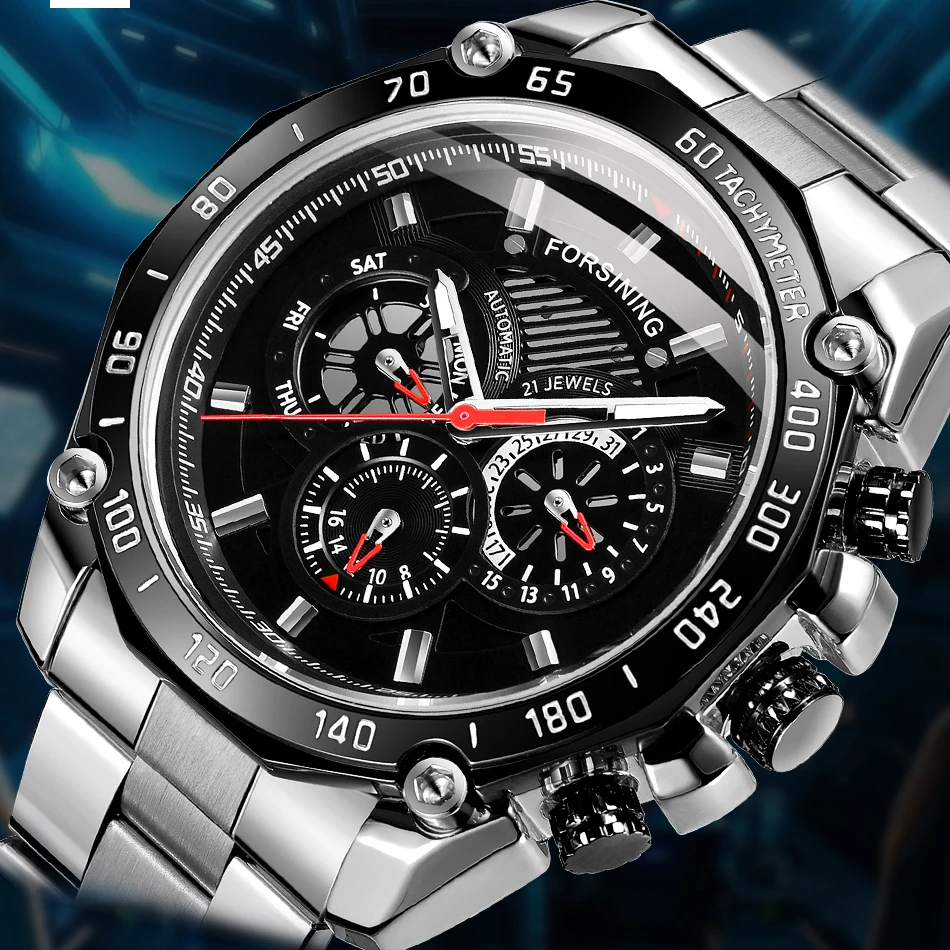

FORSINING Высококачественные роскошные многофункциональные спортивные мужские часы из нержавеющей стали с автоматическим механизмом, механические водонепроницаемые наручные часы