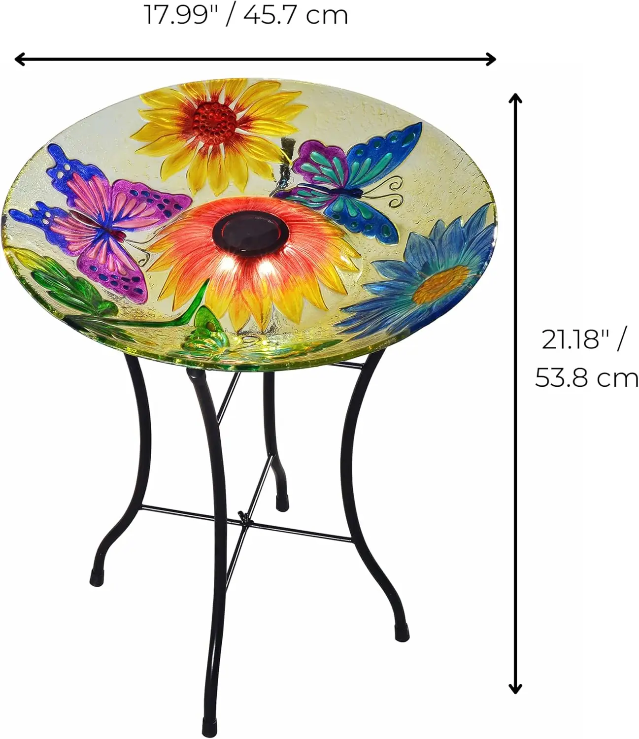 Handpainted Butterfly Glass Solar Birdbath with LED Light for Outdoor Garden, 21 Inch Yellow