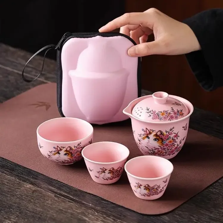 ピンクのティーセット（バッグ付き）ペルシャ猫クイックカップ可愛い高級感携帯用トラベルティーセット蓋付き茶碗ガールフレンド、女性、自宅用ギフト