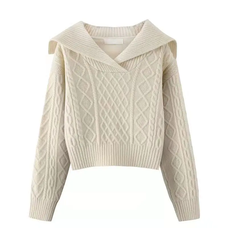 Large lapel  sweater, high waisted short sweater, women's 2023 autumn/winter pullover, long sleeved pullover, knitted top