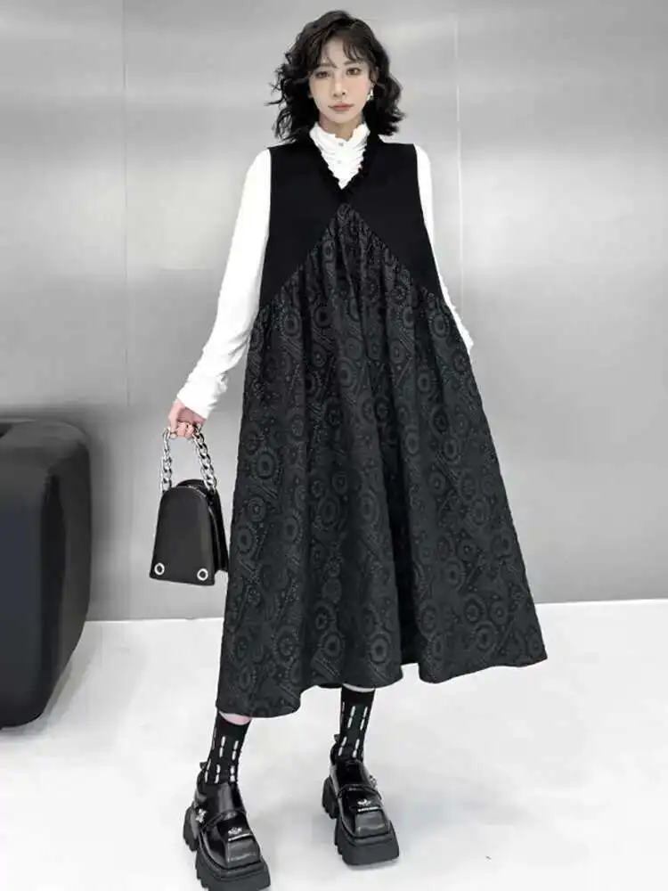 

Women Black Pattern Textured Big Size Midi Vest Dress New V-Neck Sleeveless Fashion Tide Spring Autumn