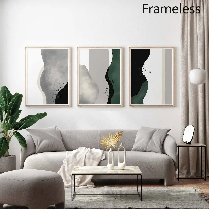 (No frame)2D Flat, 3pcs Modern Abstract Wall Art Prints - Vertical Grey Line Drawing & Watercolor Paintings Suitable for Livi