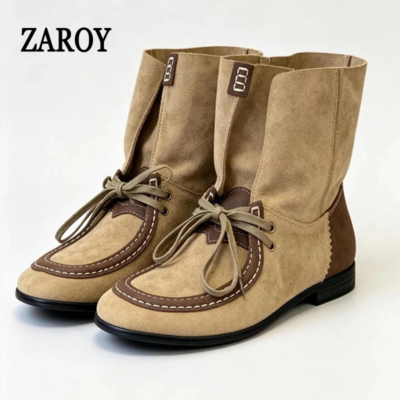 ZAROY Western Women Ankle Boots Fashion Color Blocking Lace-up Cozy Short Boots Fall Winter Round Toe Suede Vintage Riding Boots