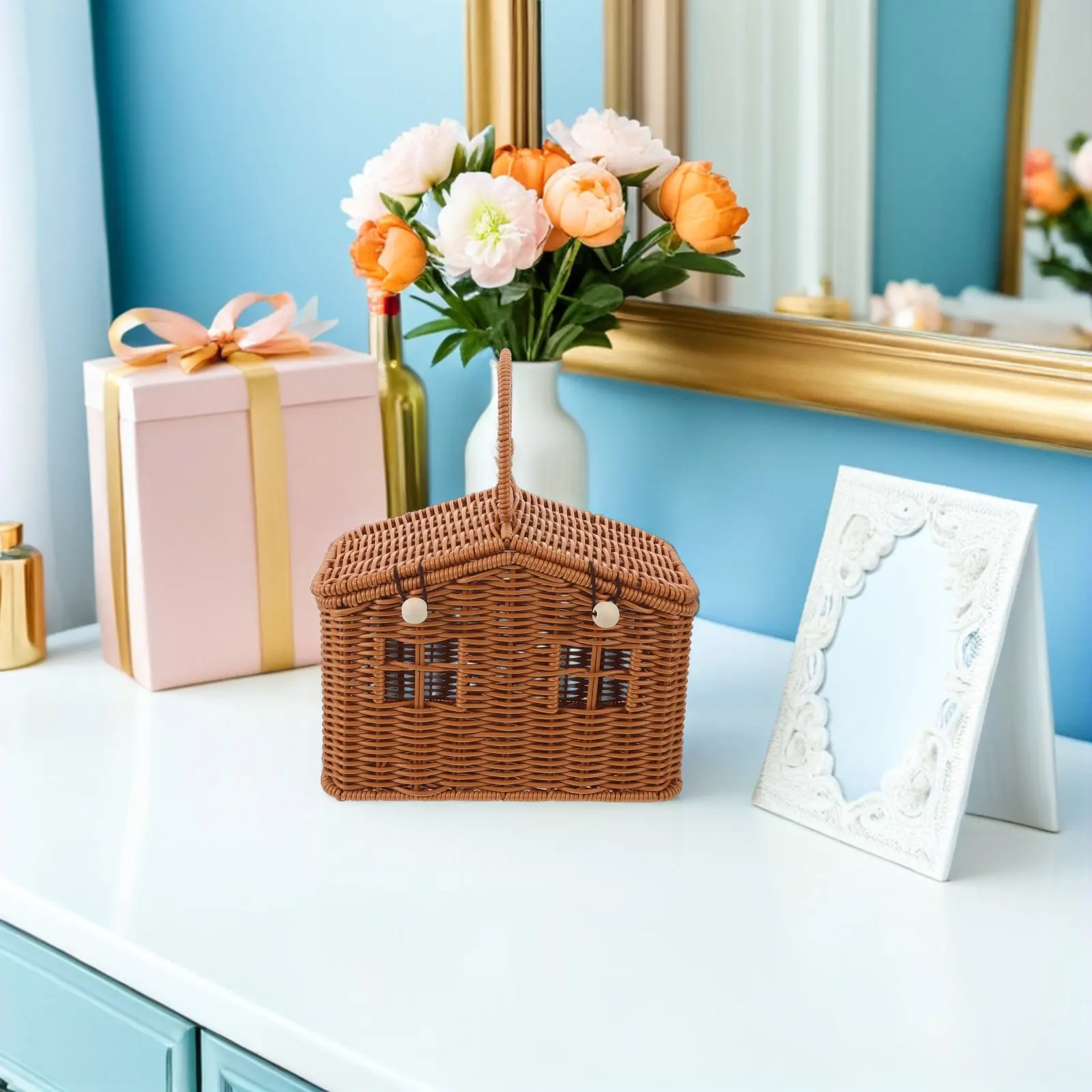 Vintage -Shaped Woven Picnic Basket Imitation Rattan Hand-Woven with Handle Rustic Wedding Favor Basket Decorative Gift
