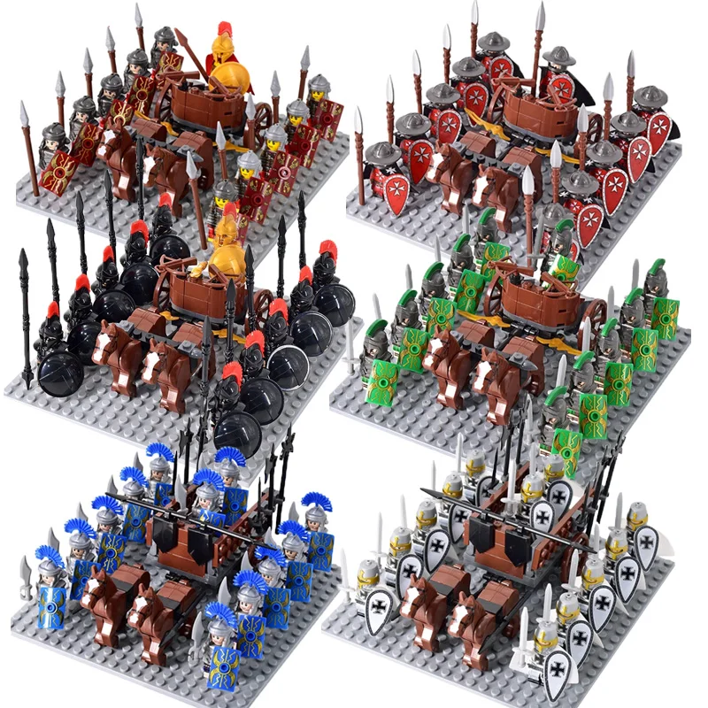 Kids Toys Roman Cavalry Building Blocks Knight Soldiers Mini Action Figures Double Horse Chariot Toys For Kids Christmas Gifts